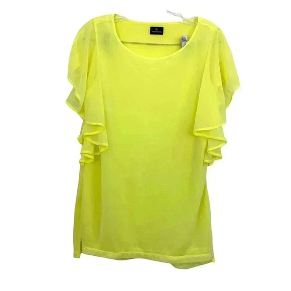 Worthington Women's Bright Yellow Sheer Top Sz Small Ruffle Sleeves - Picture 1 of 11